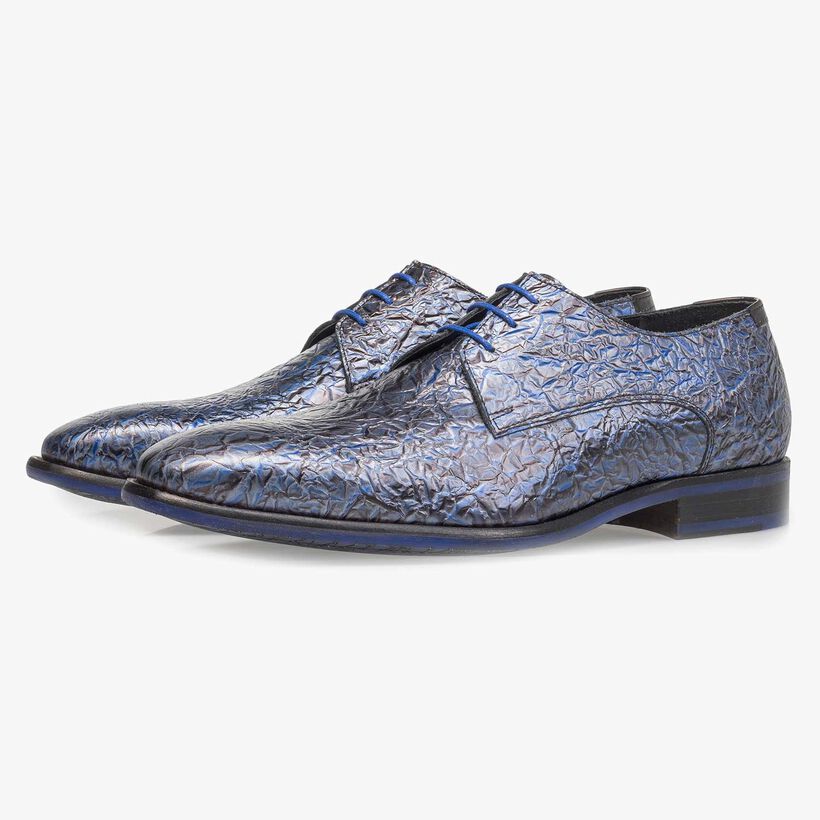 Premium donkerblauwe lakleren veterschoen met print