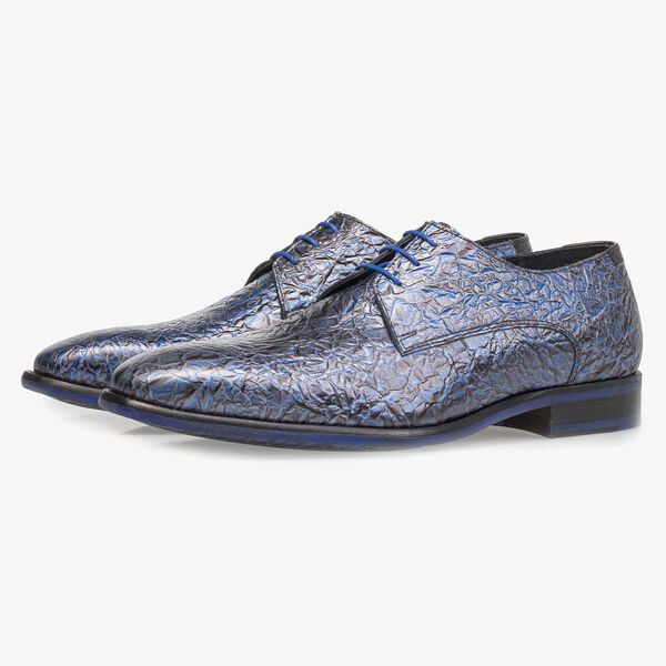 Premium donkerblauwe lakleren veterschoen met print
