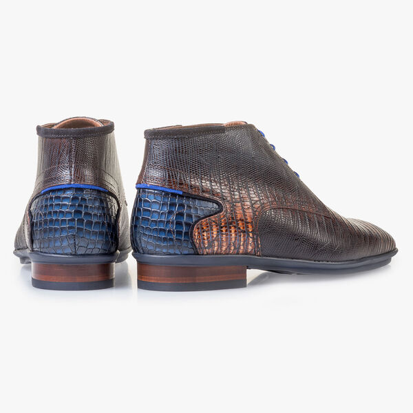Kalfsleren veterschoen cognac met lizardprint