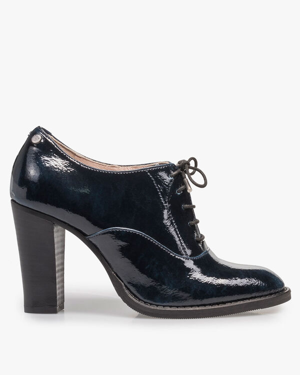 Blue patent leather heeled derby