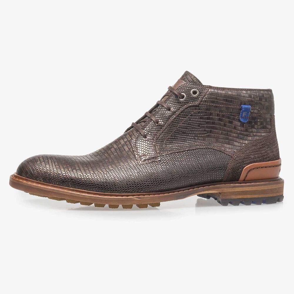 Dark brown leather lace boot with lizard print