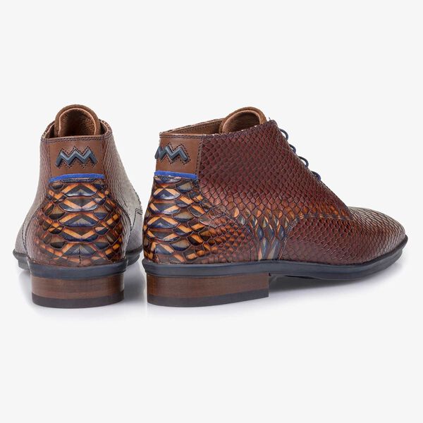 Kalfsleren veterschoen cognac met snakeprint