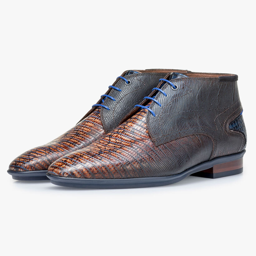 Kalfsleren veterschoen cognac met lizardprint