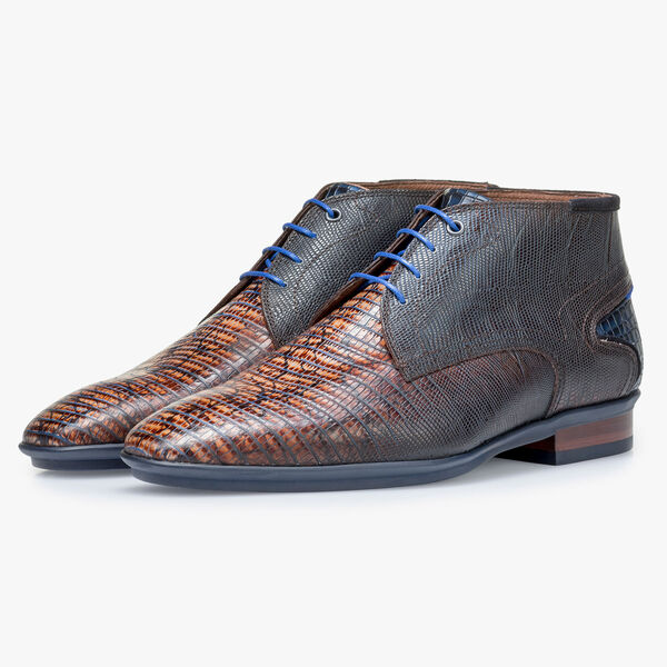Kalfsleren veterschoen cognac met lizardprint