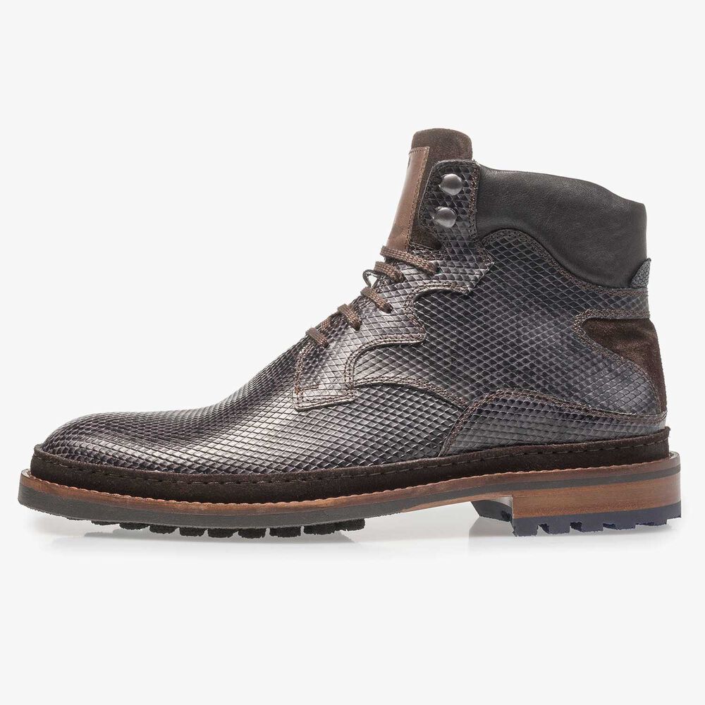 Donkergrijze leren veterboot met snakeprint