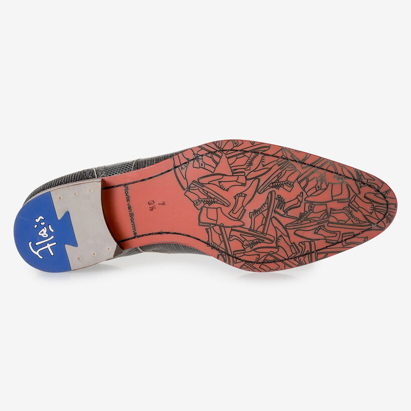 Grijze leren veterschoen met lizardprint