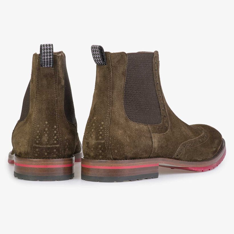 Bruin/olijfgroene kalfssu&egrave;de chelsea boot