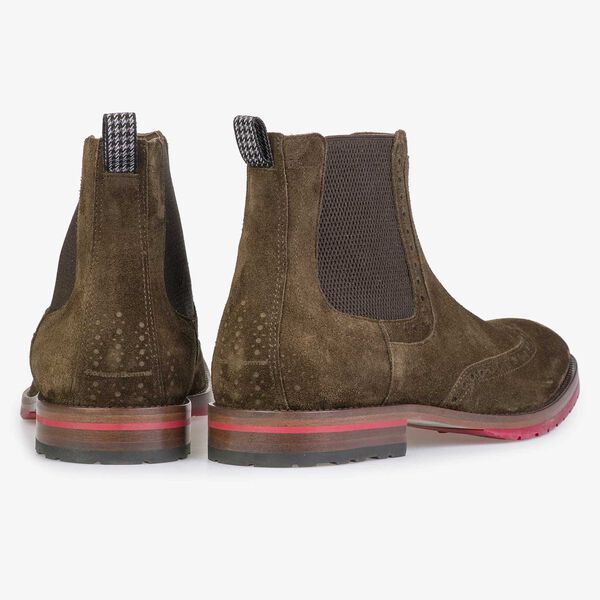 Bruin/olijfgroene kalfssu&egrave;de chelsea boot