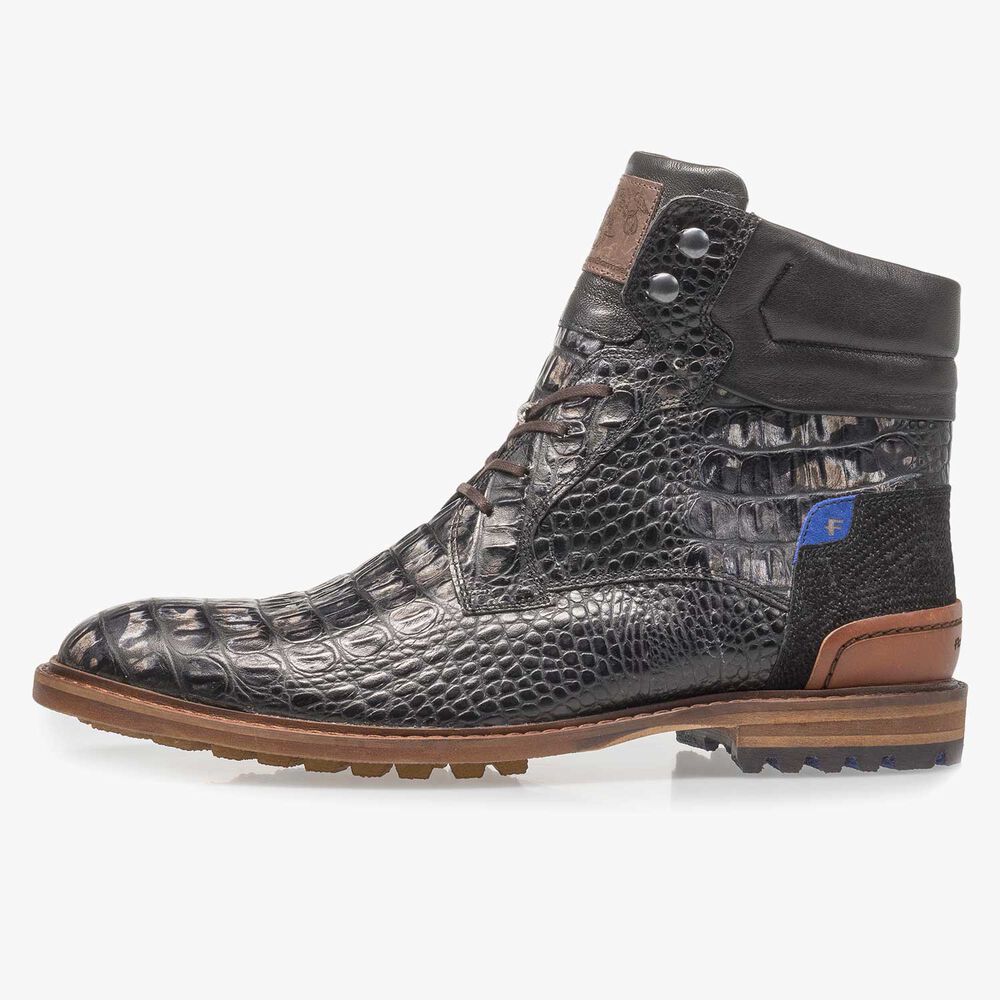 Black leather lace boot with croco print