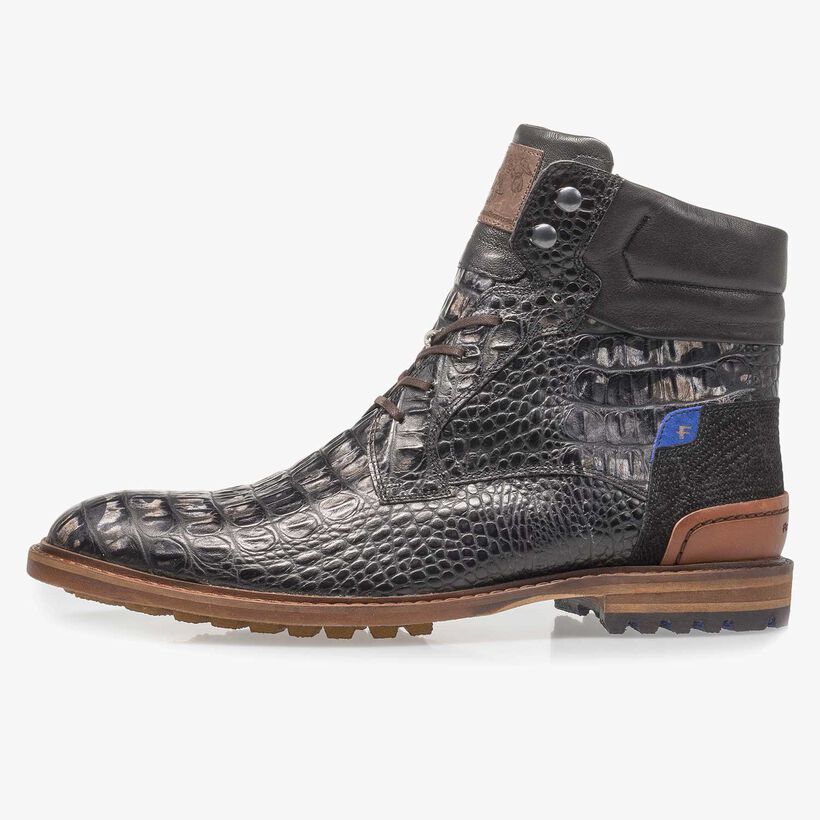 Black leather lace boot with croco print