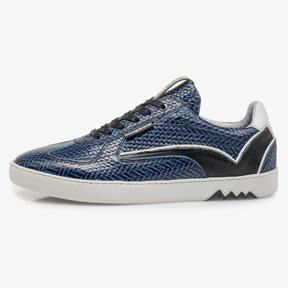 Blauwe leren sneaker met visgraatdessin