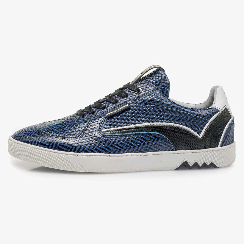 Blauwe leren sneaker met visgraatdessin