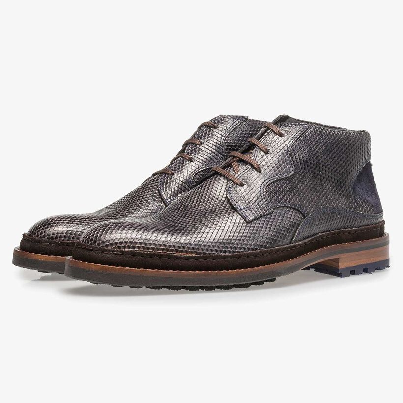 Dark grey leather lace boot with snake print