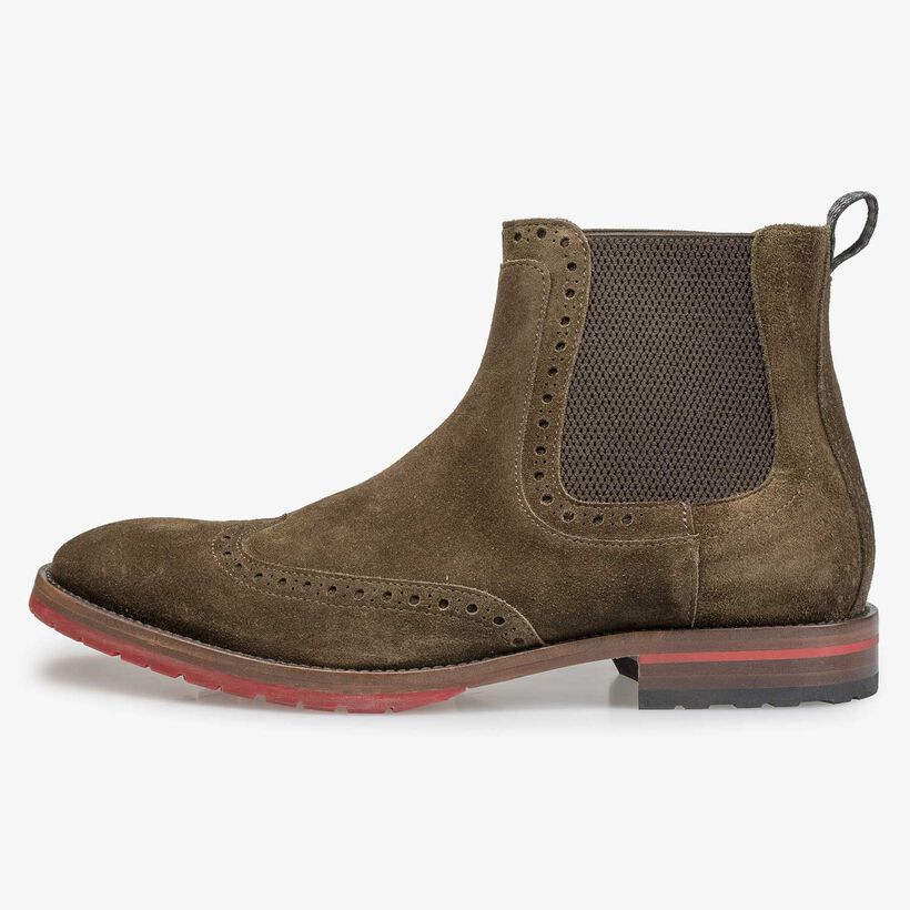 Bruin/olijfgroene kalfssu&egrave;de chelsea boot