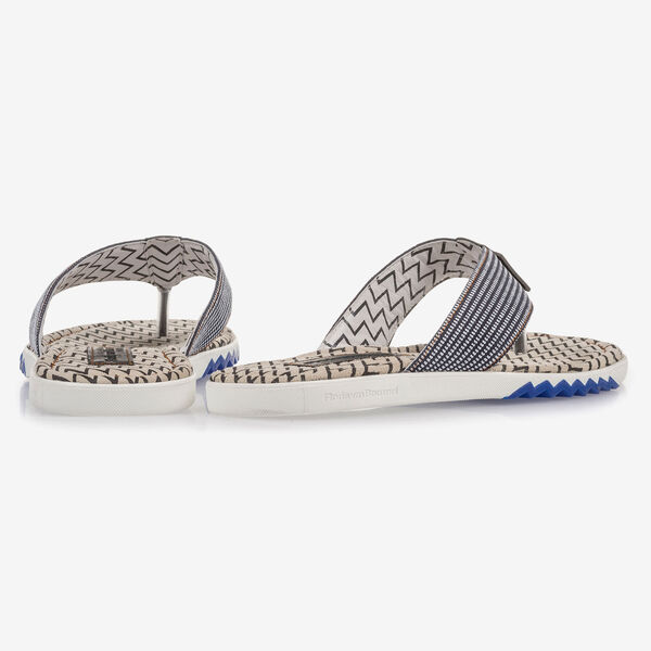 Blue suede leather thong slipper with print