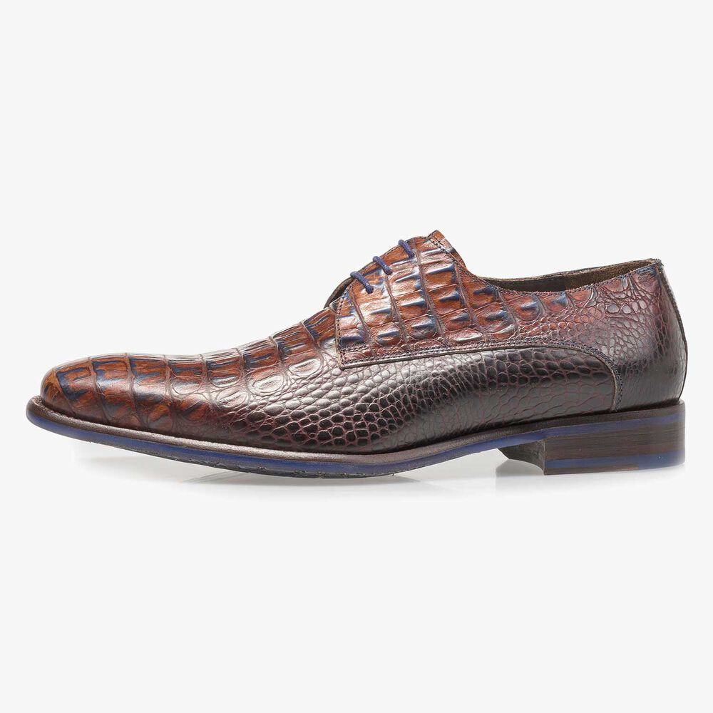 Leren veterschoen cognac met crocoprint