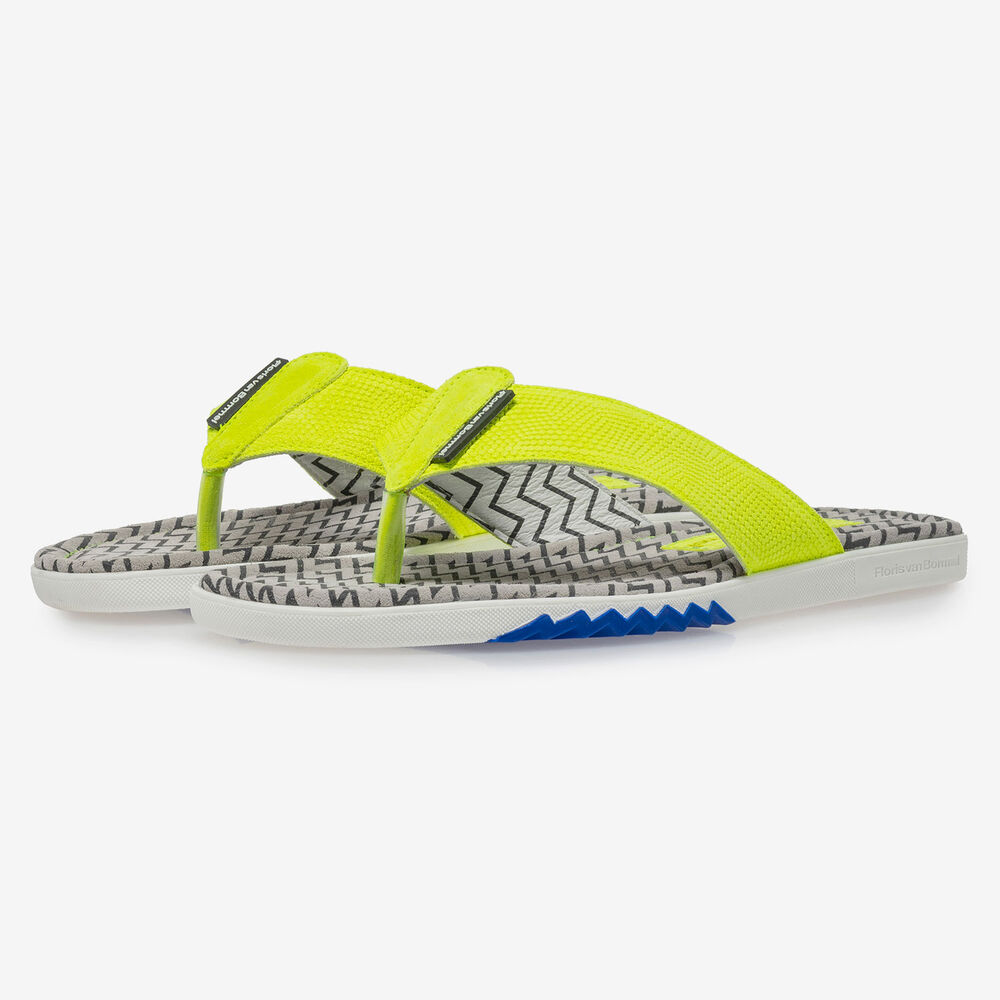 Yellow suede leather thong slipper with print