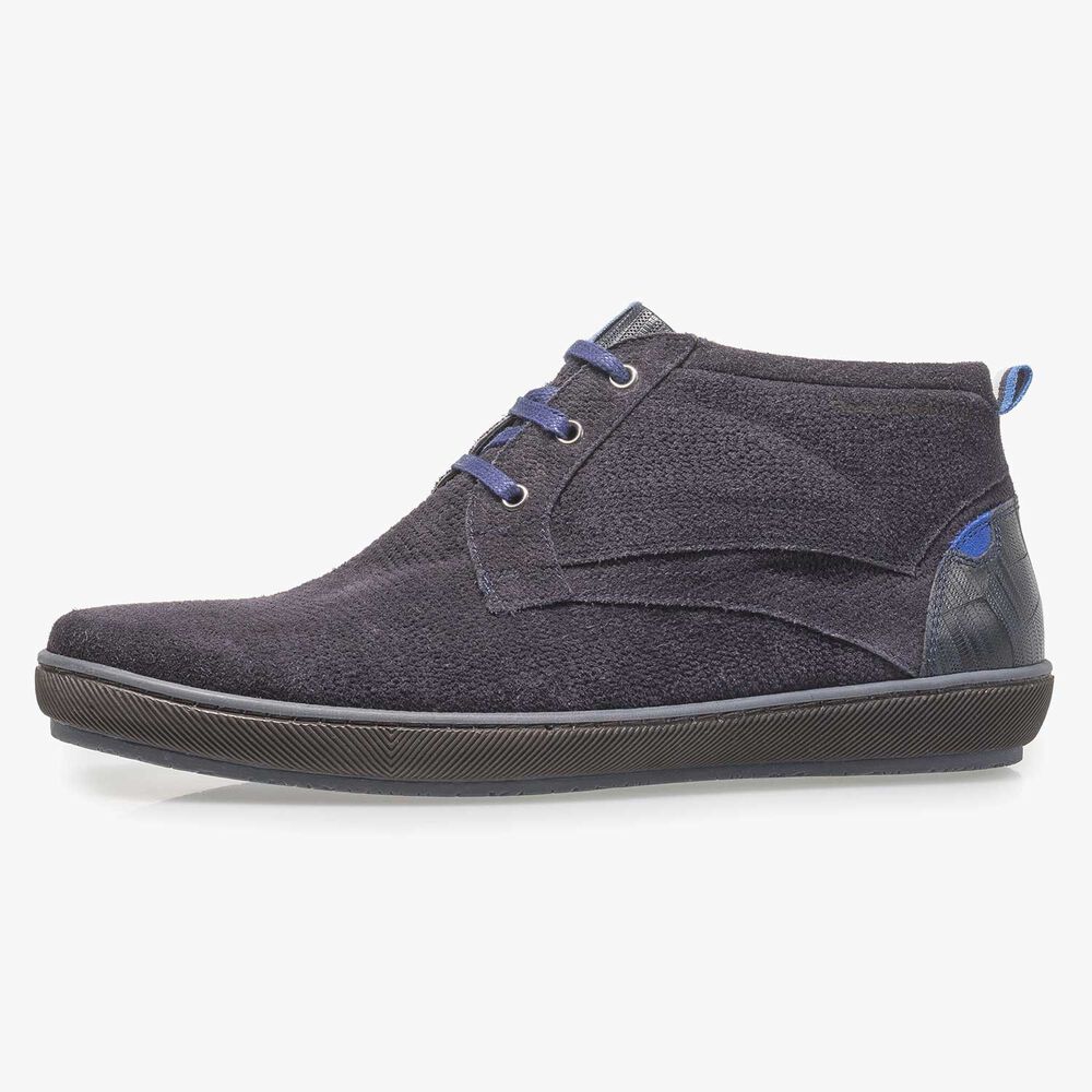 Donkerblauwe su&egrave;de veterschoen met print