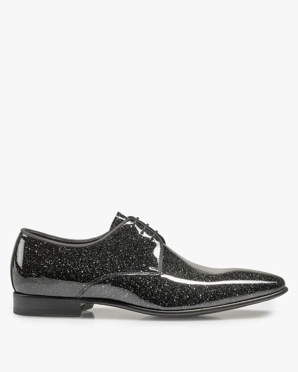 Zwarte lakleren veterschoen met print