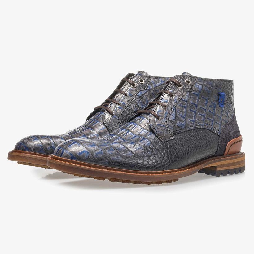 Blue leather lace boot with croco print