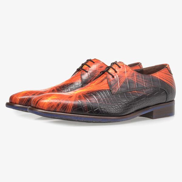 Premium red calf leather lace shoe with lightning bolt print