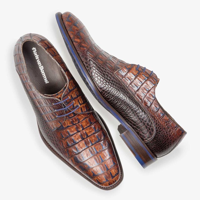 Leren veterschoen cognac met crocoprint