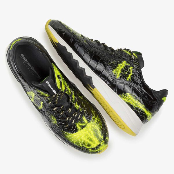 Black patent leather sneaker with yellow print