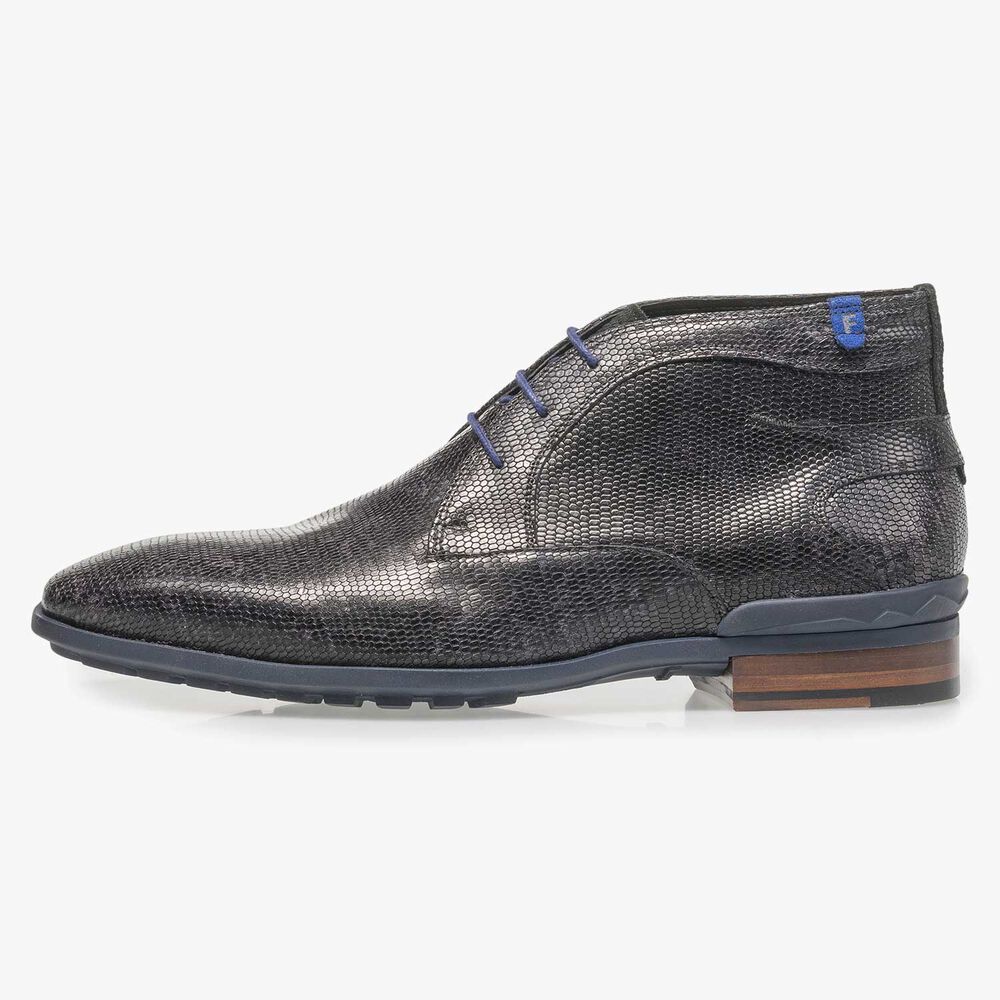 Zwarte leren veterboot met lizardprint