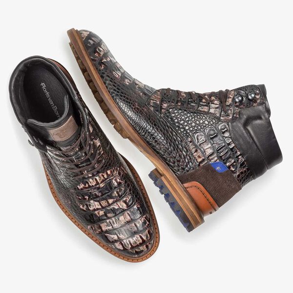 Dark brown leather lace boot with croco print