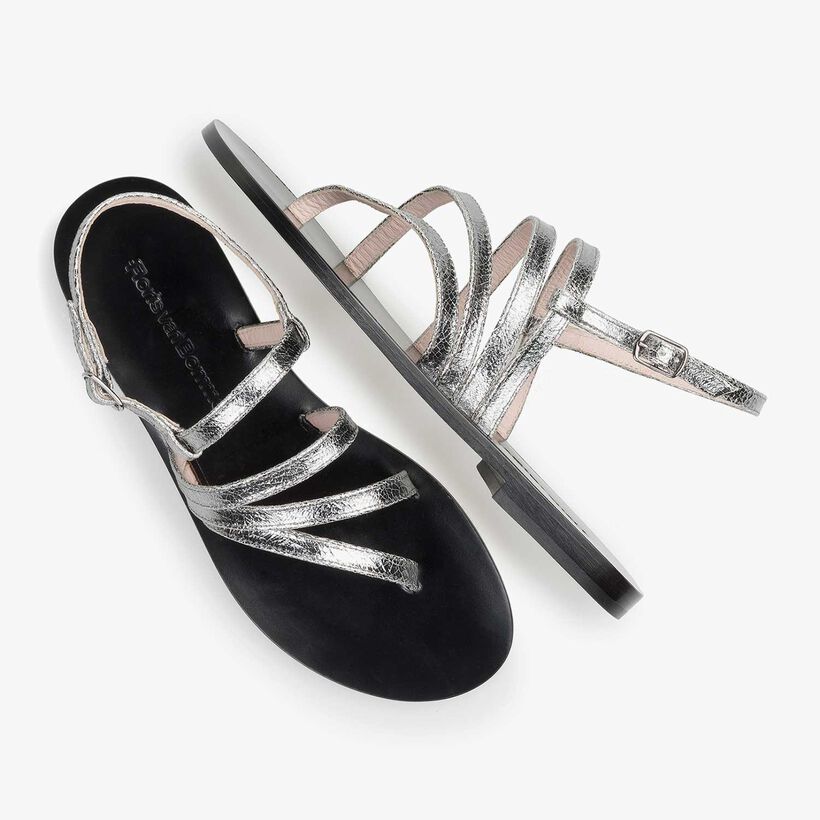 Silver metallic leather sandal with craquel&eacute; effect