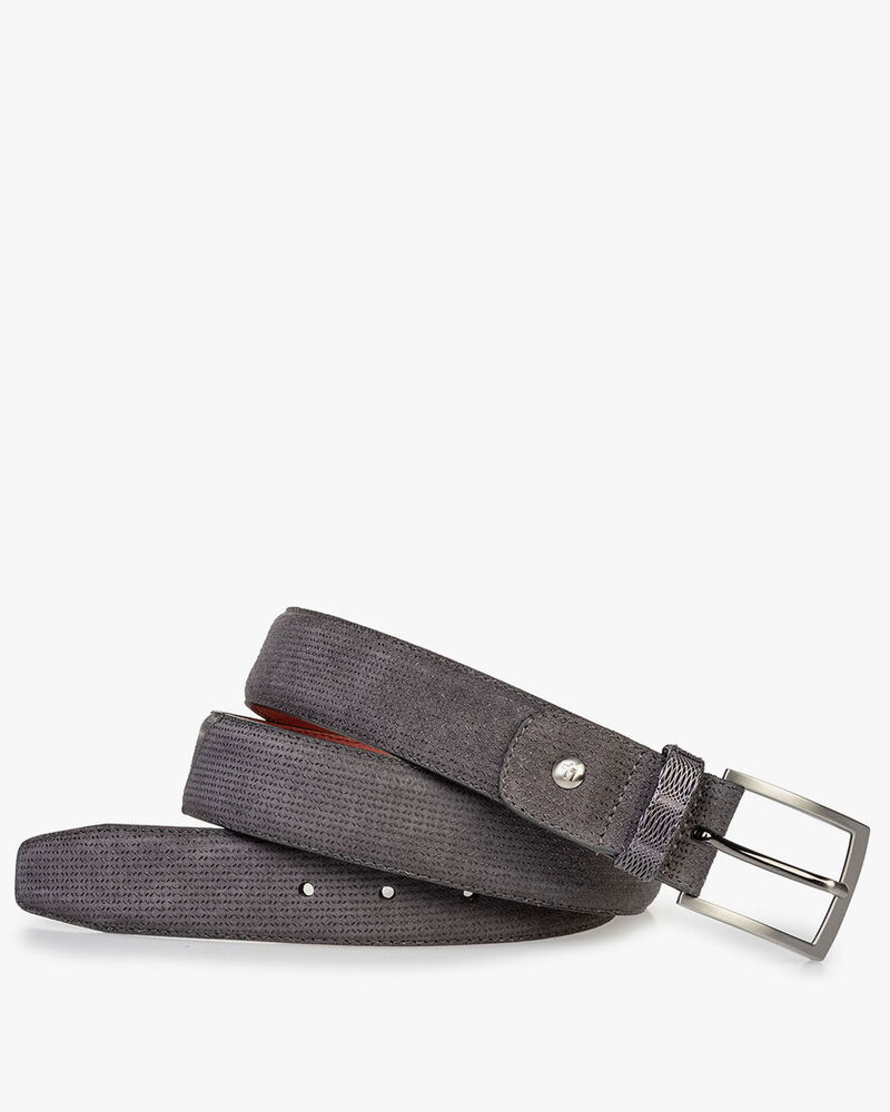 Su&egrave;de riem donkergrijs met print