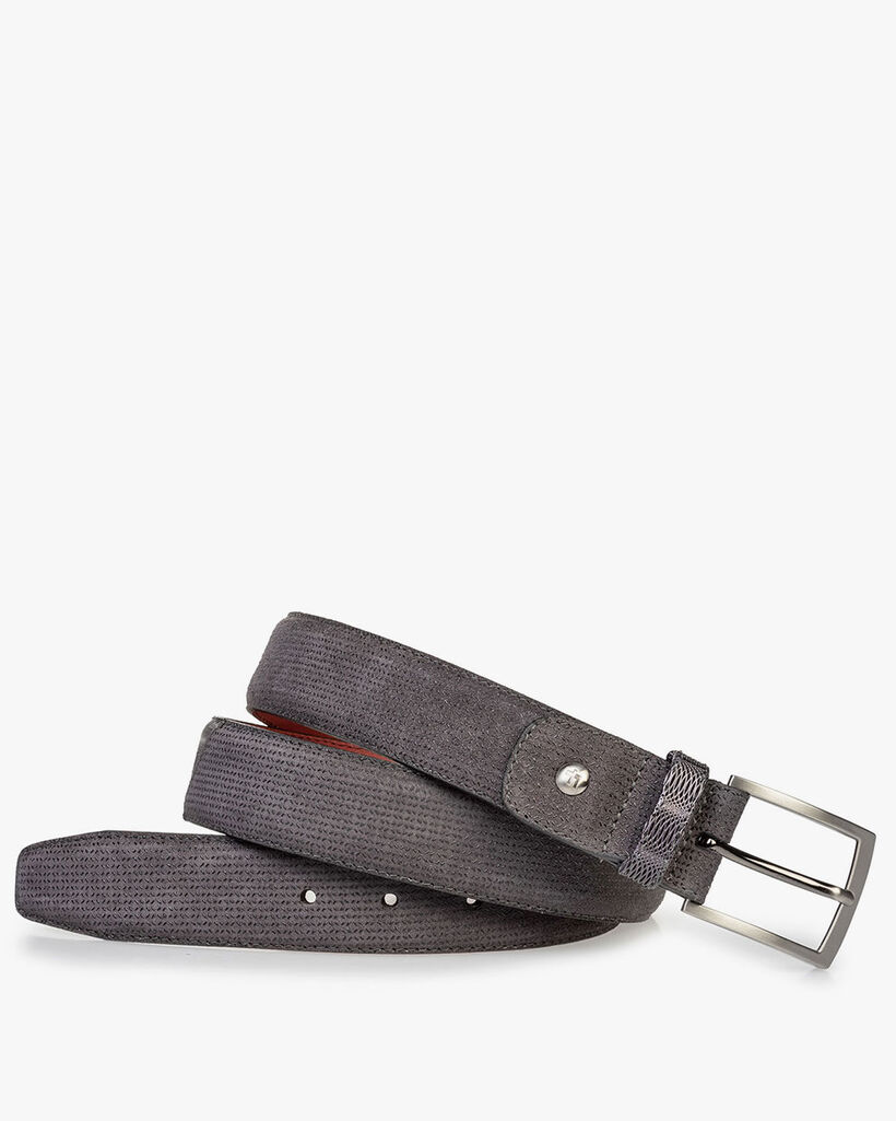 Su&egrave;de riem donkergrijs met print