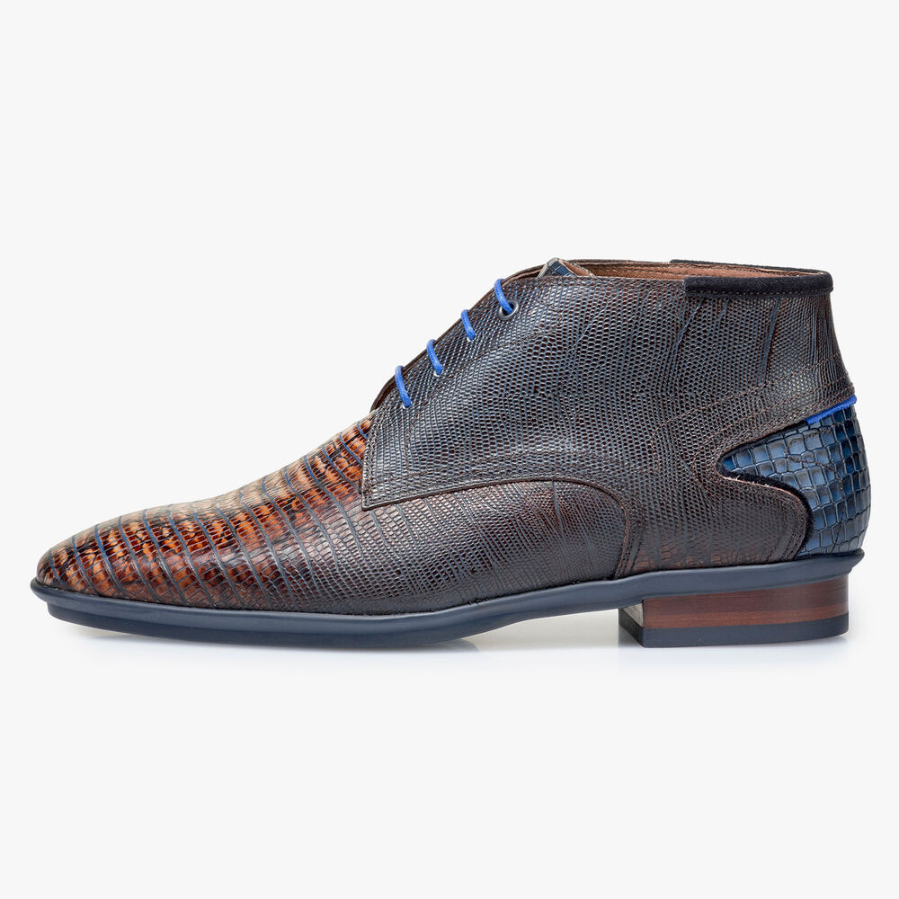 Kalfsleren veterschoen cognac met lizardprint