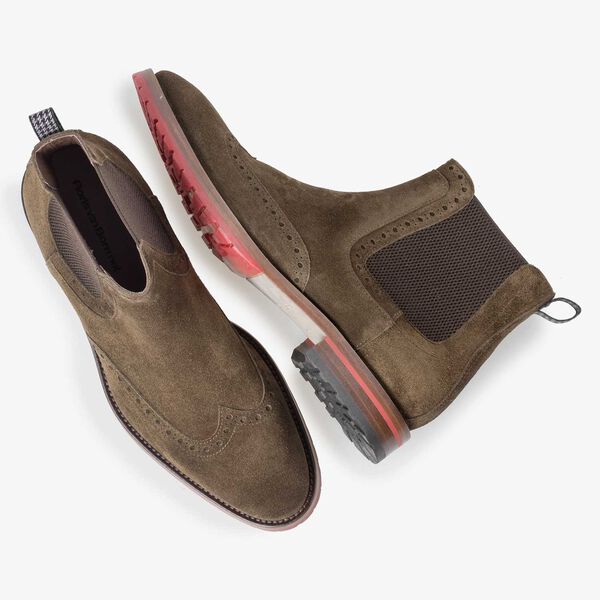 Bruin/olijfgroene kalfssu&egrave;de chelsea boot