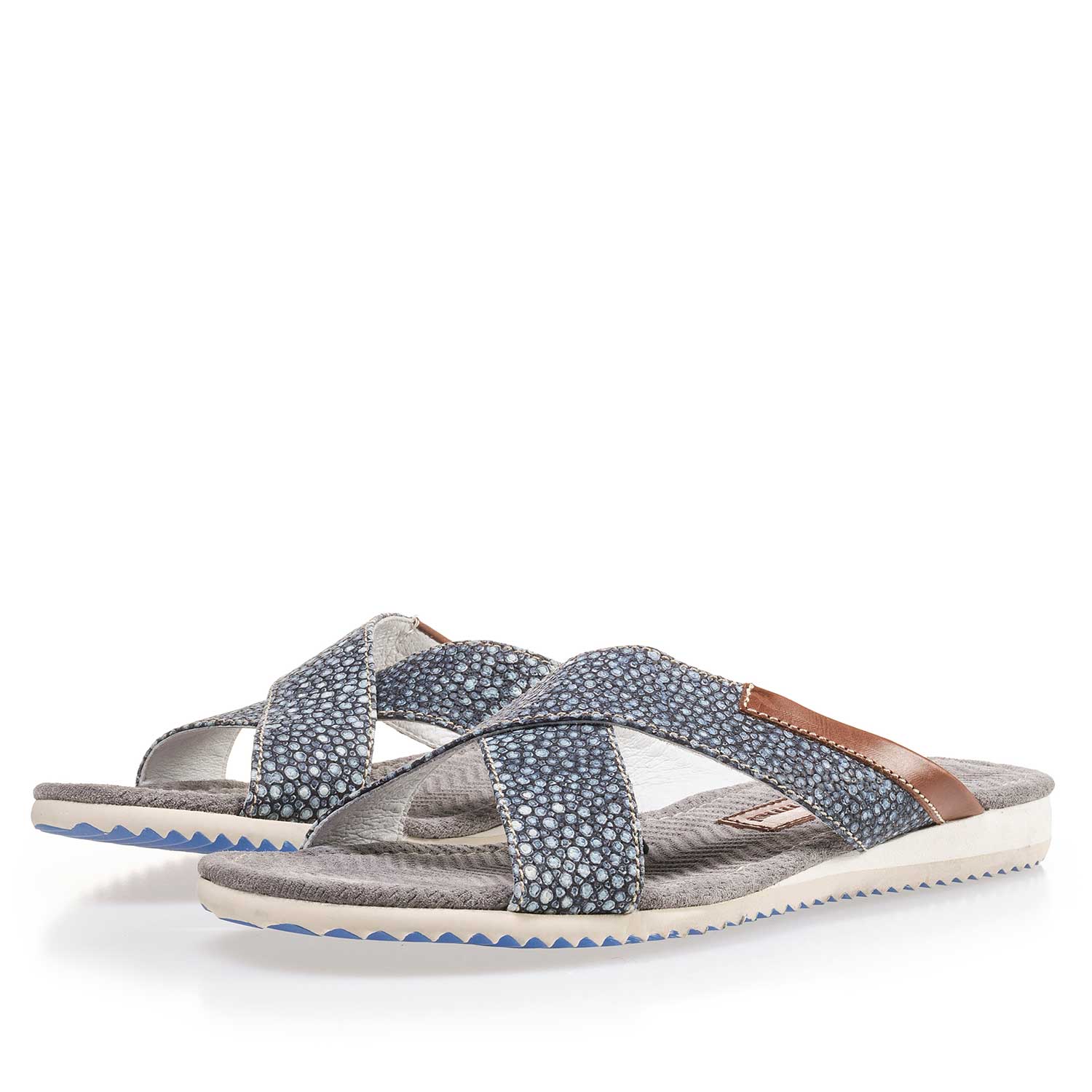 20023/19 - Blauwe leren kruisband slipper met dessin 20023/19 - Blauwe leren kruisband slipper met dessin