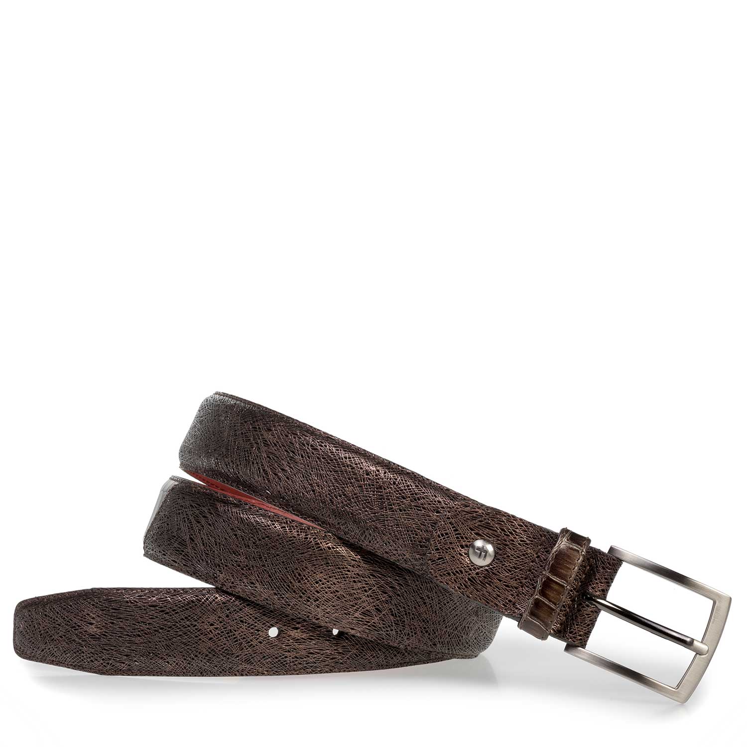75188/44 - Bruine leren riem met metallicprint 75188/44 - Bruine leren riem met metallicprint