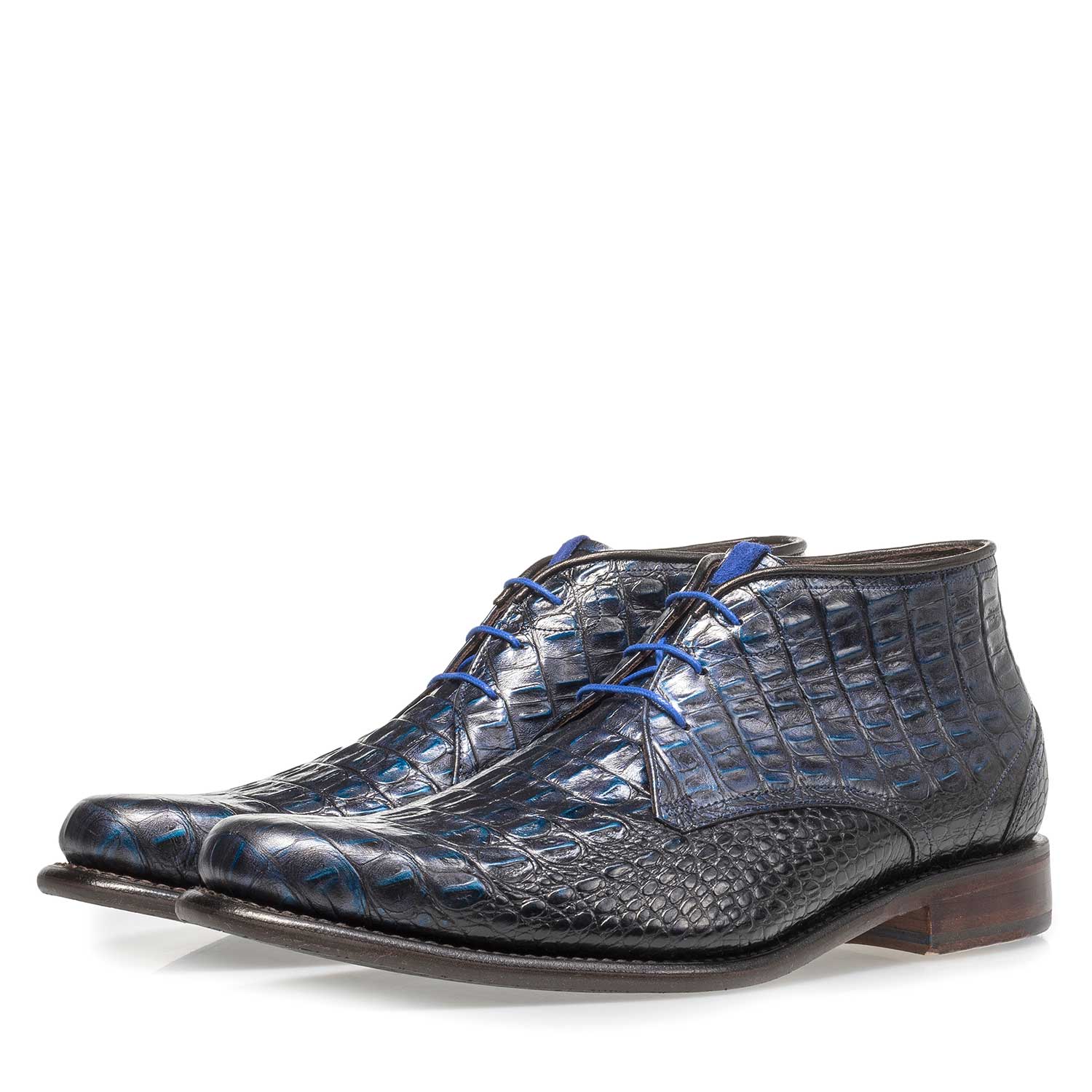 10634/07 - Blauwe leren veterboot met crocoprint 10634/07 - Blauwe leren veterboot met crocoprint