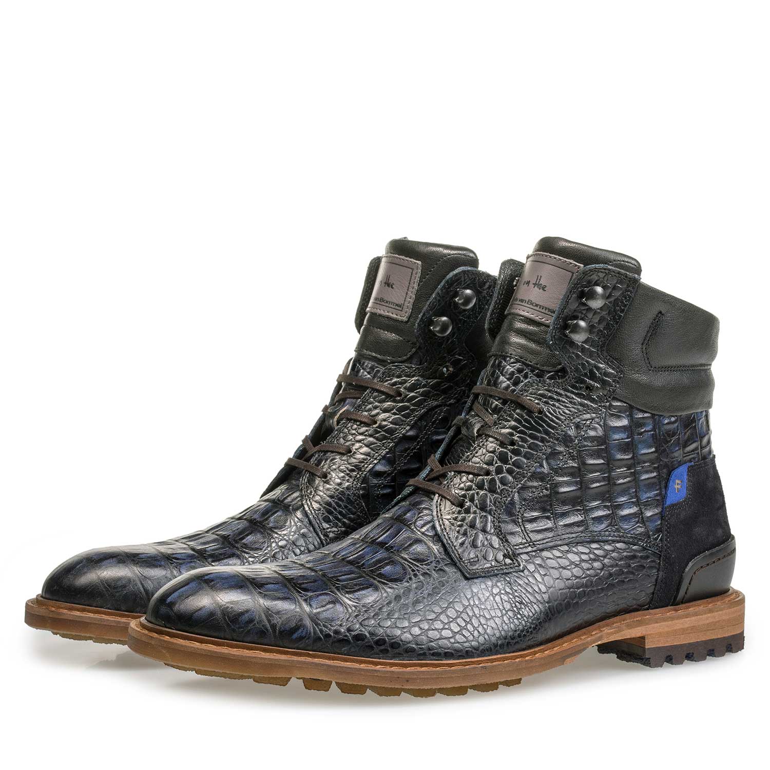 10234/13 - Blue calf leather lace boot with croco print 10234/13 - Blue calf leather lace boot with croco print