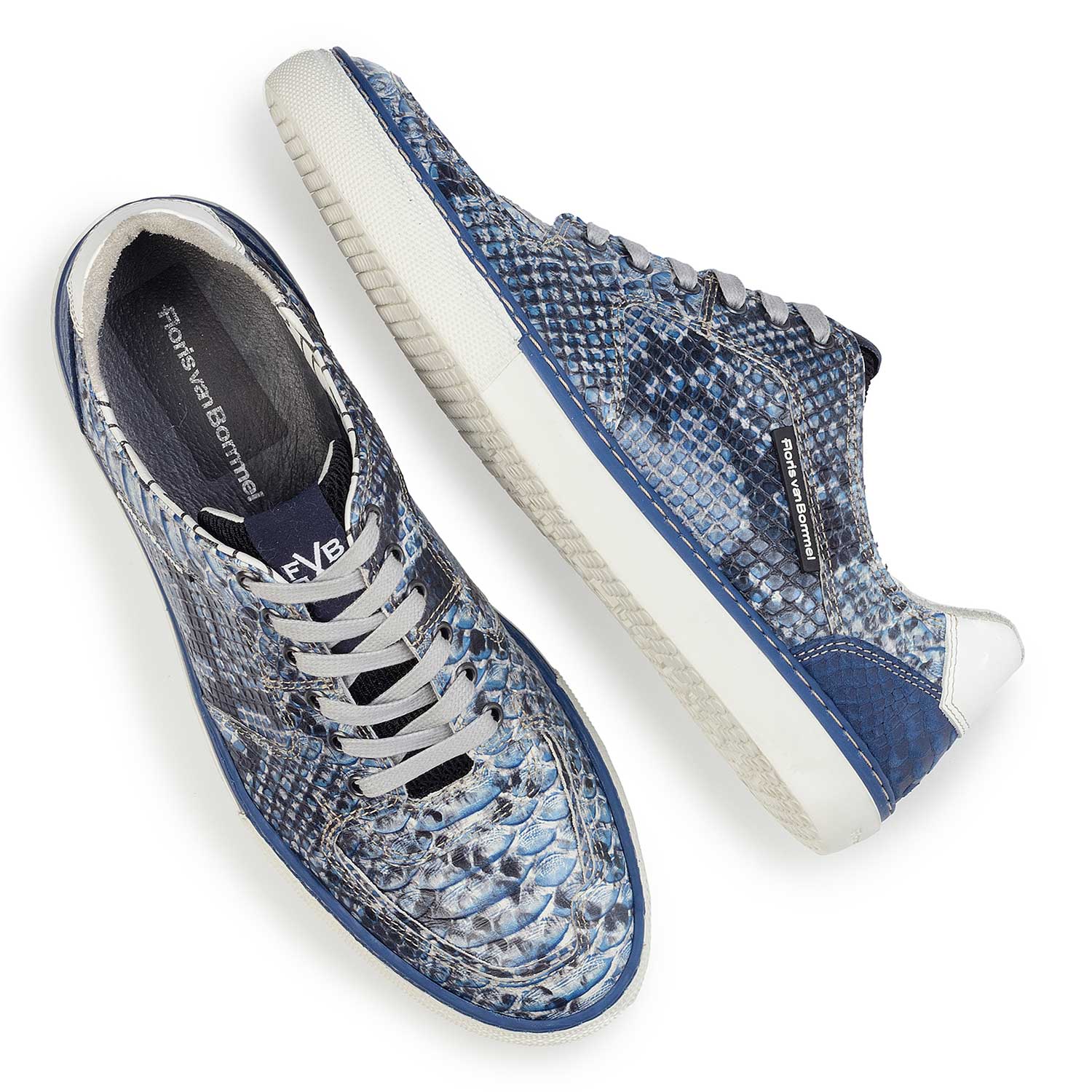 16252/02 - Blauwe leren veterschoen met snakeprint 16252/02 - Blauwe leren veterschoen met snakeprint
