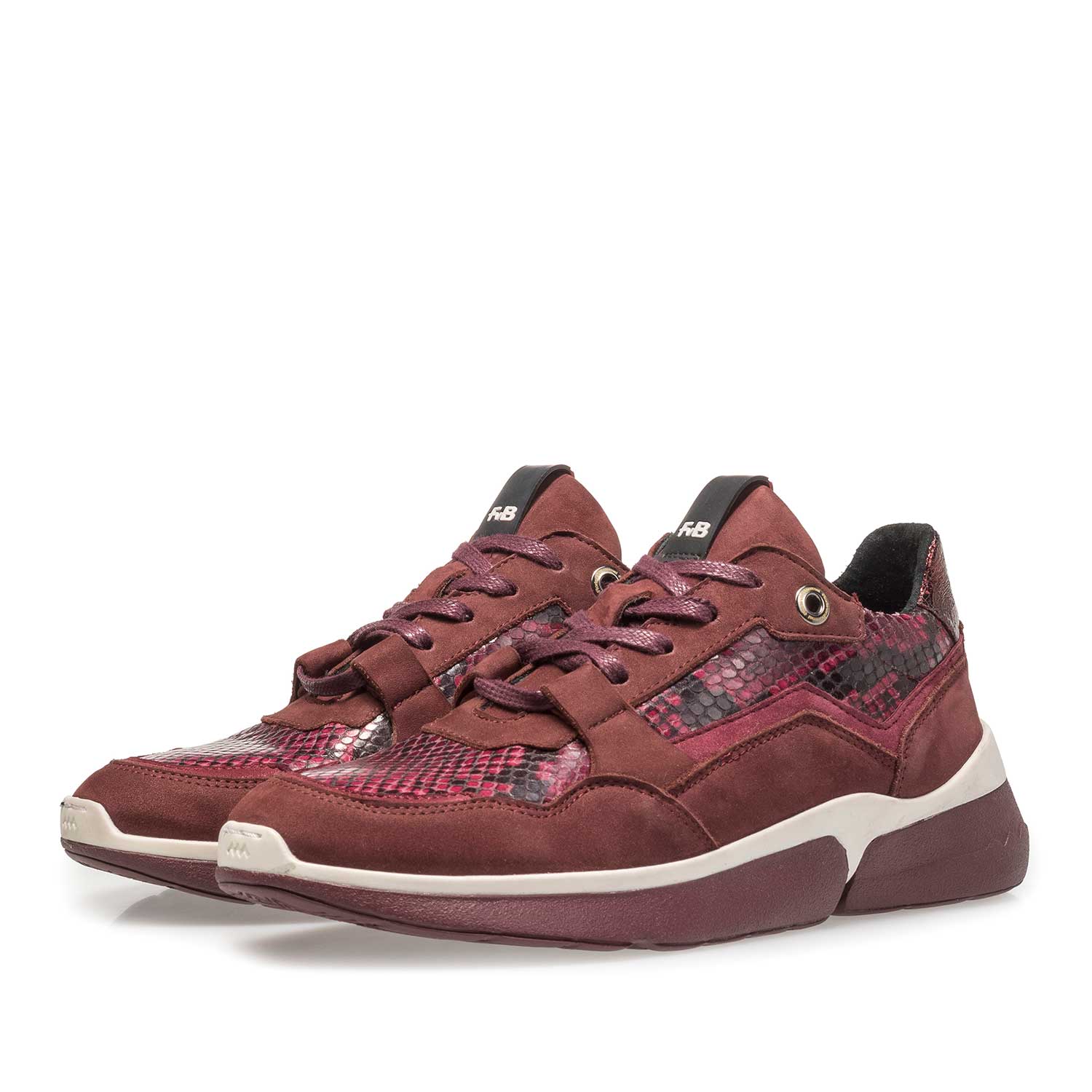 85291/02 - Bordeauxrode suède sneaker met snakeprint 85291/02 - Bordeauxrode suède sneaker met snakeprint