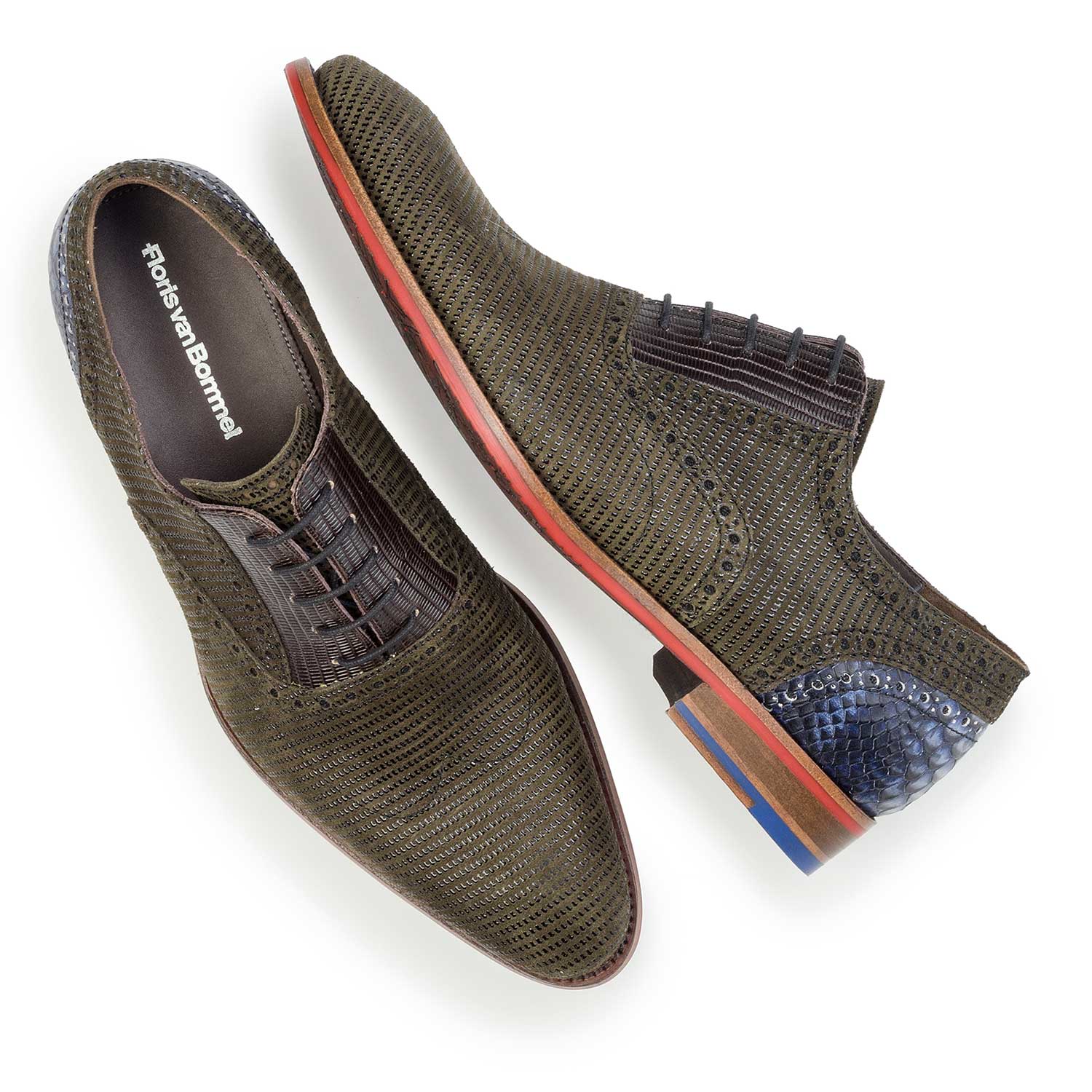 19114/08 - Olive green patterned suede leather lace shoe 19114/08 - Olive green patterned suede leather lace shoe