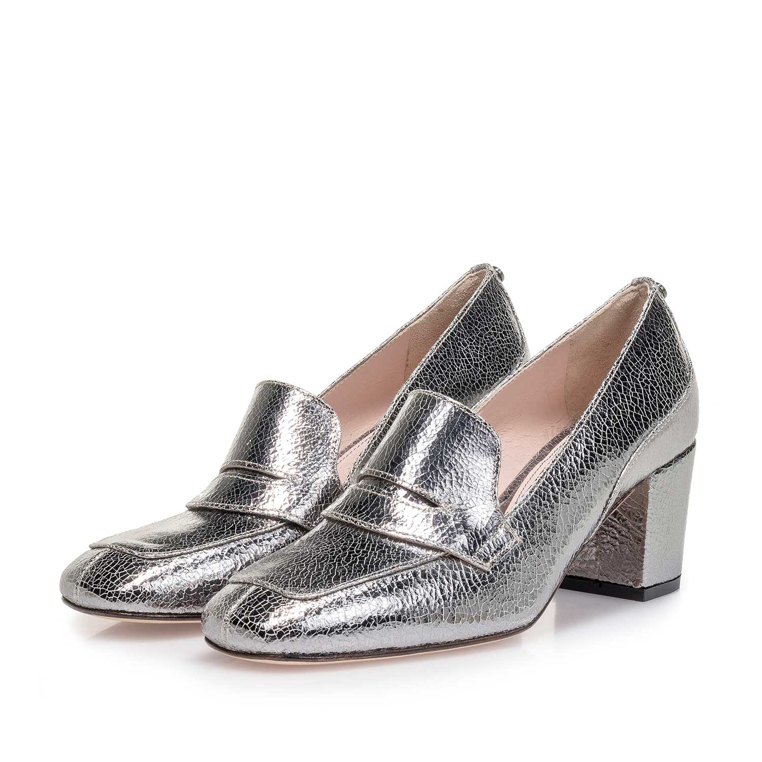 85514/01 - Zilveren metallic leren pump met craquelé effect 85514/01 - Zilveren metallic leren pump met craquelé effect