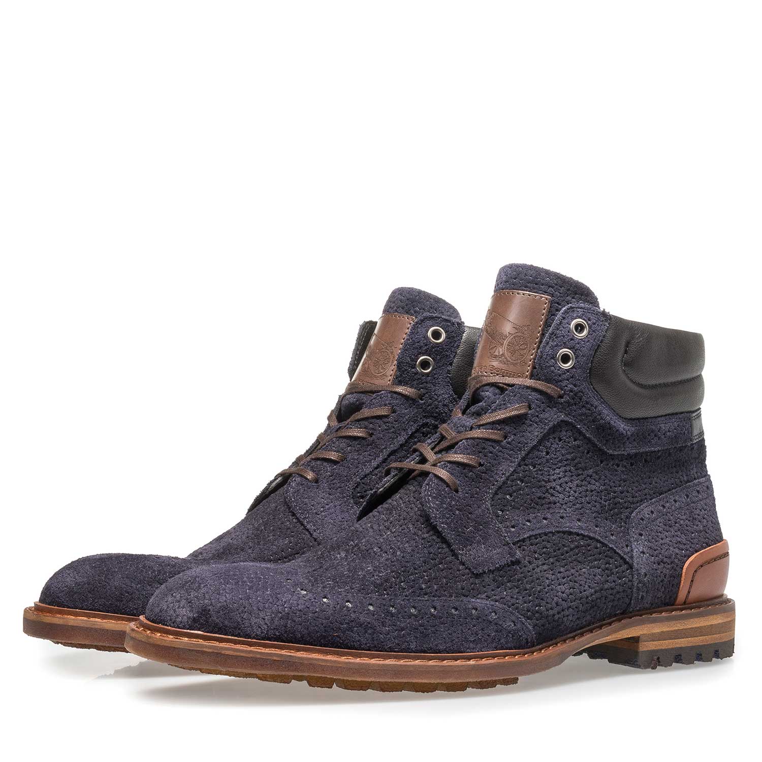 10816/02 - Donkerblauwe suède veterboot met print 10816/02 - Donkerblauwe suède veterboot met print