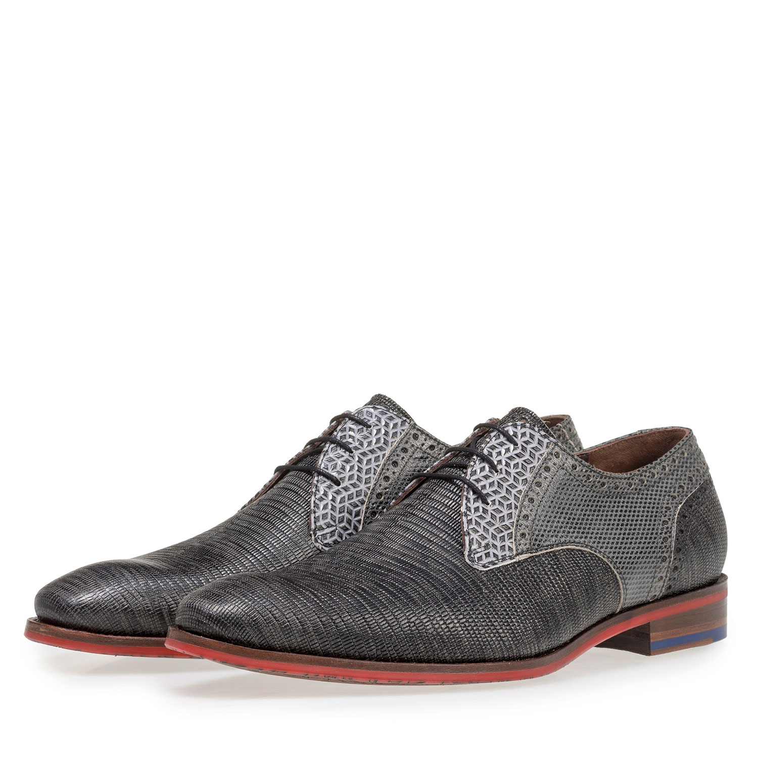 18107/06 - Grijze leren veterschoen met lizardprint 18107/06 - Grijze leren veterschoen met lizardprint
