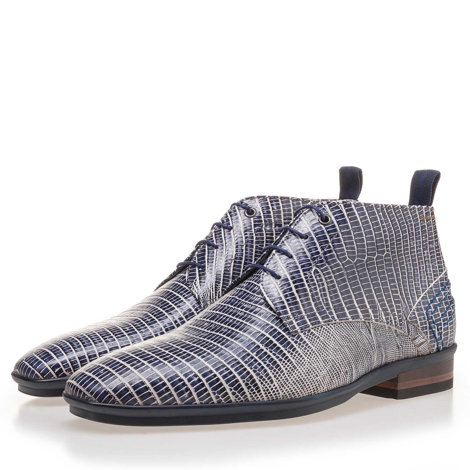 10960/12 - Blue leather lace boot finished with a lizard print 10960/12 - Blue leather lace boot finished with a lizard print