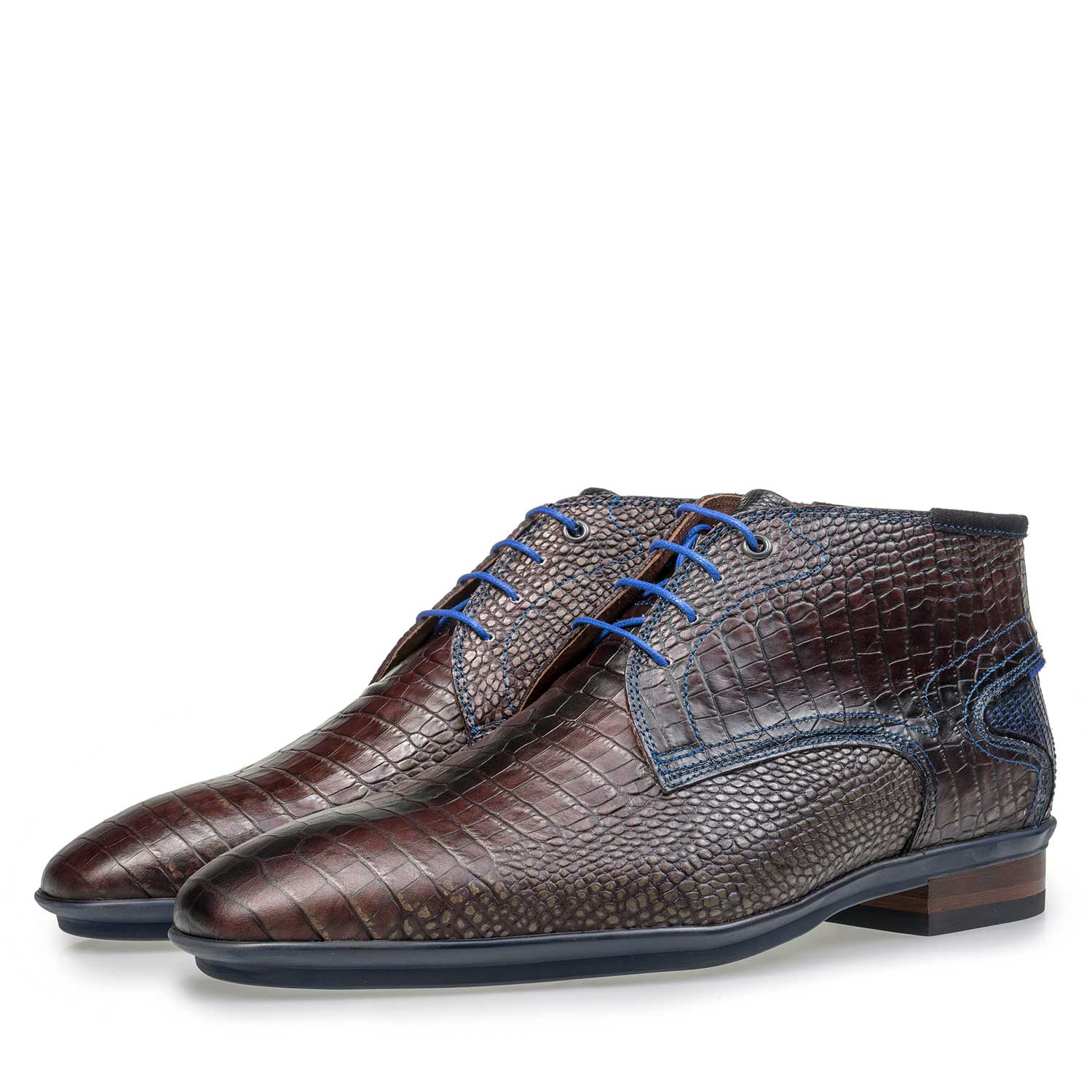 10131/09 - Dark brown calf leather lace boot with croco print 10131/09 - Dark brown calf leather lace boot with croco print