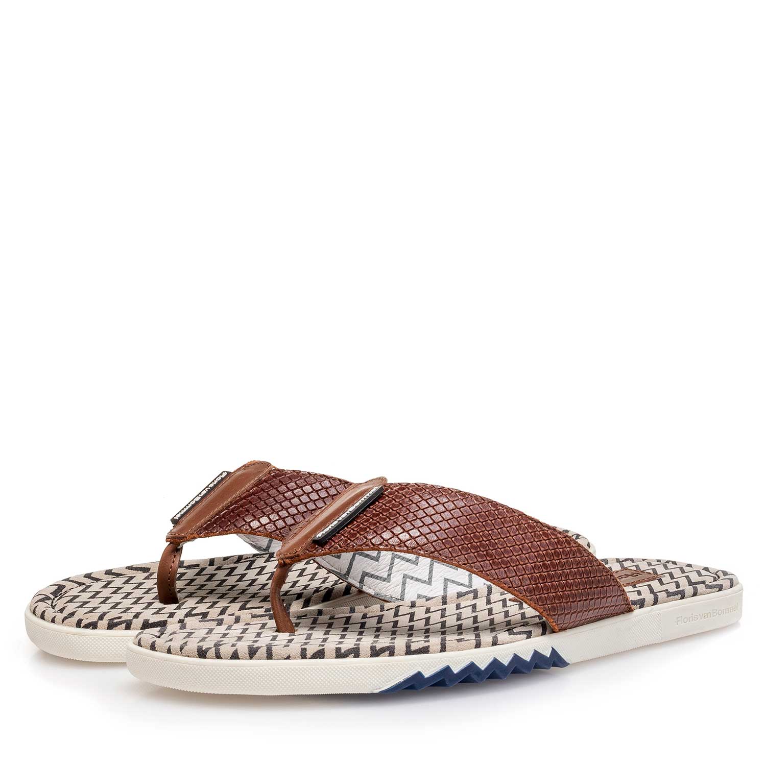 20201/01 - Leren teenslipper met dessin cognac 20201/01 - Leren teenslipper met dessin cognac