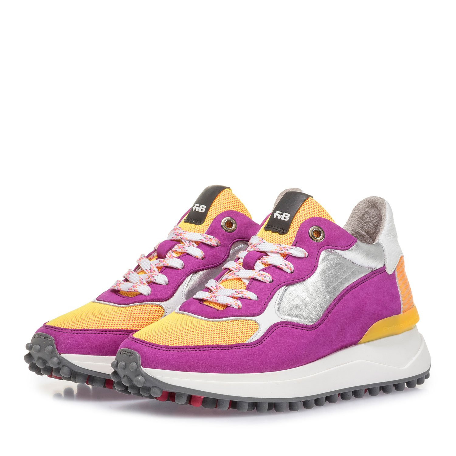 85307/02 - Paarse nubuckleren sneaker met gele details 85307/02 - Paarse nubuckleren sneaker met gele details