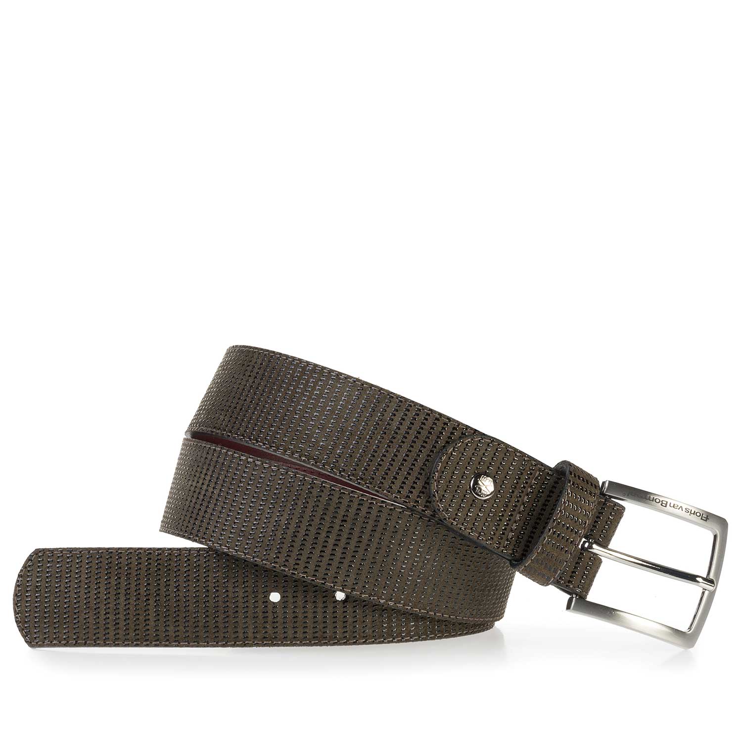75184/00 - Olijfgroene suède riem met print 75184/00 - Olijfgroene suède riem met print