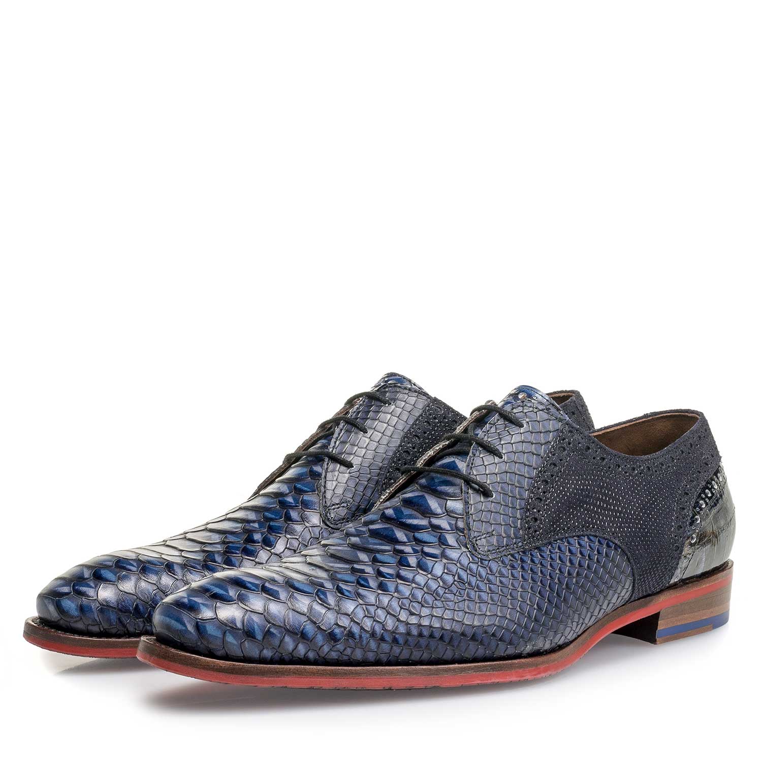 18106/00 - Blauwe leren veterschoen met snakeprint 18106/00 - Blauwe leren veterschoen met snakeprint